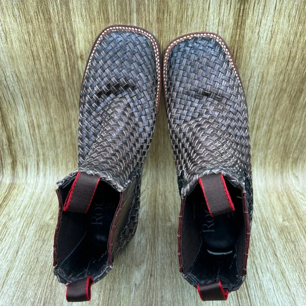 Rock'em Woven Leather Western Chelsea Boots Men's‎ Size 8 Brown Square Toe Shoes